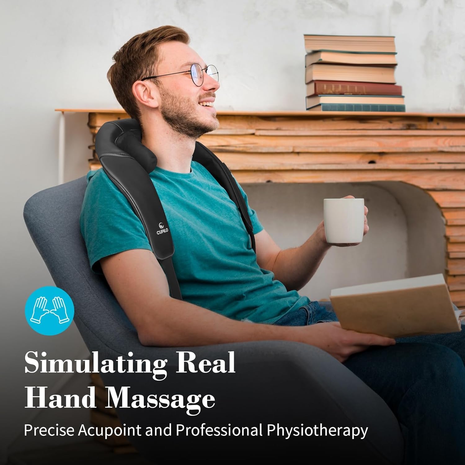 CuPiLo cordless neck massager used on the go without cables.