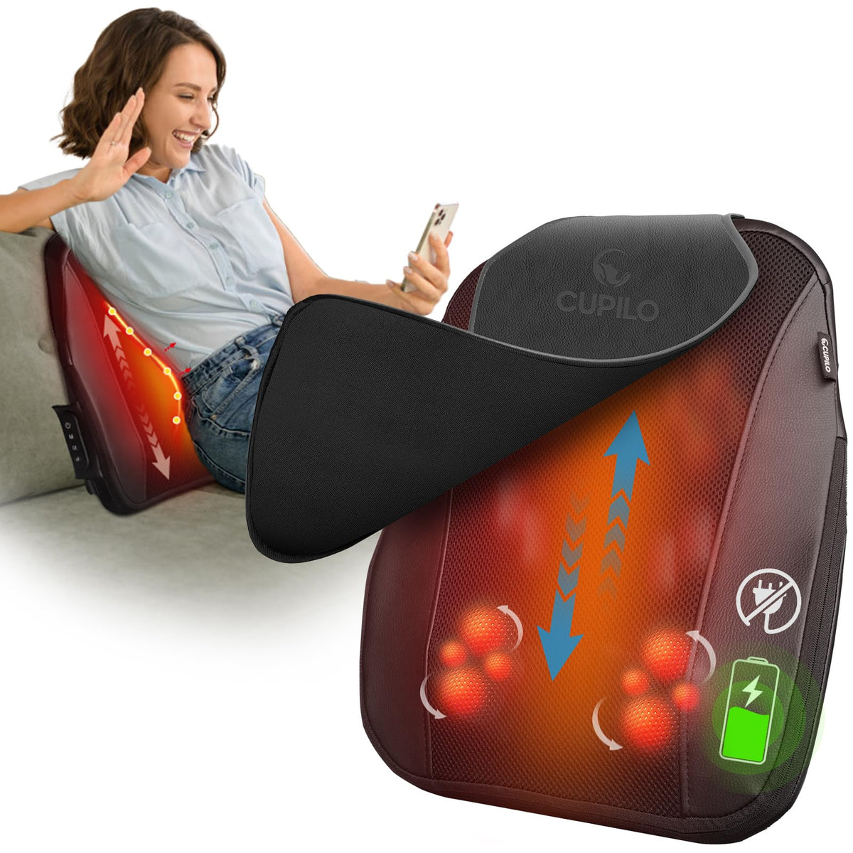 CuPiLo cordless shiatsu lower back massager for portable relief.