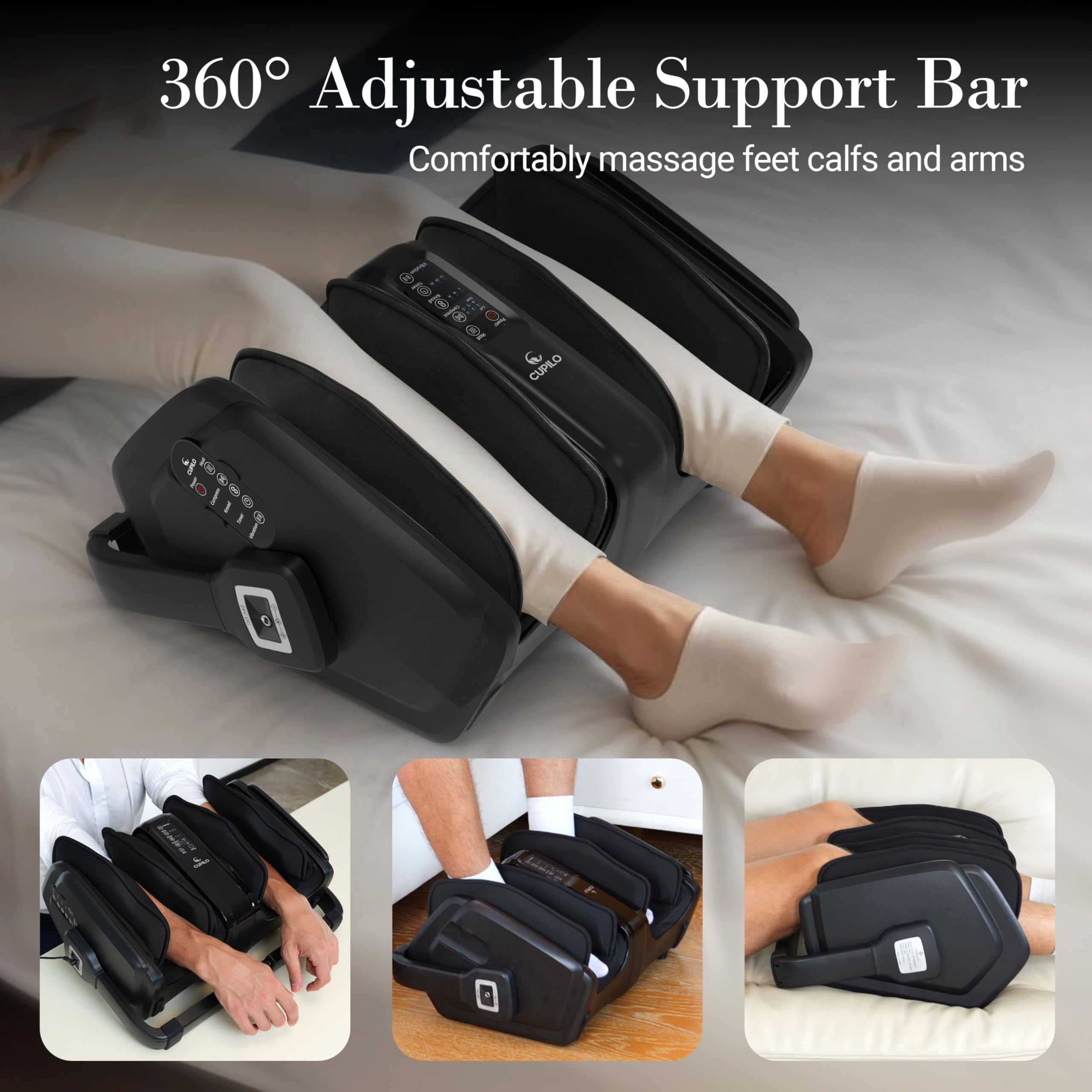 CuPiLo adjustable support bar enables focused massage angles for feet and calves.