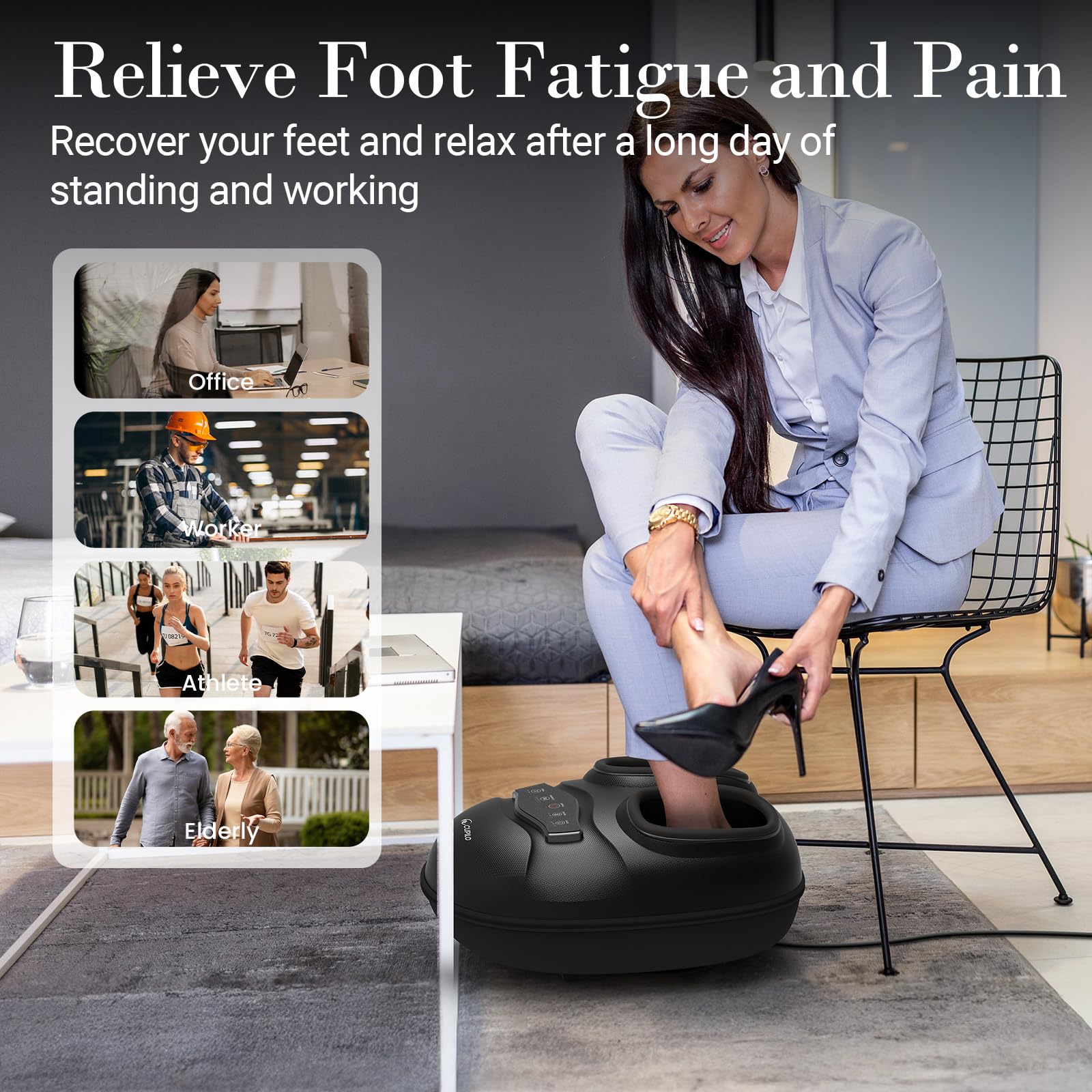 CuPiLo deep kneading massage across arches and heels for comfort