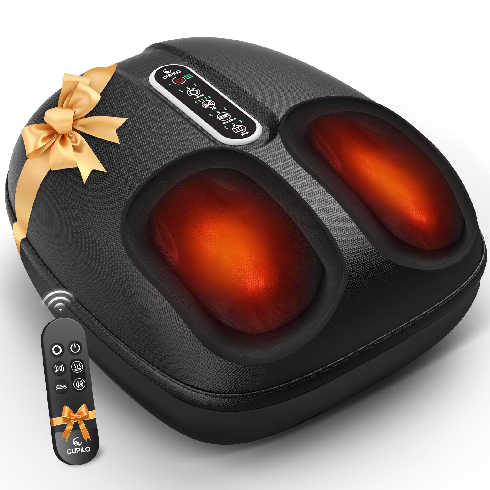 CuPiLo Foot Massager showing heat settings for soothing warmth and comfort.