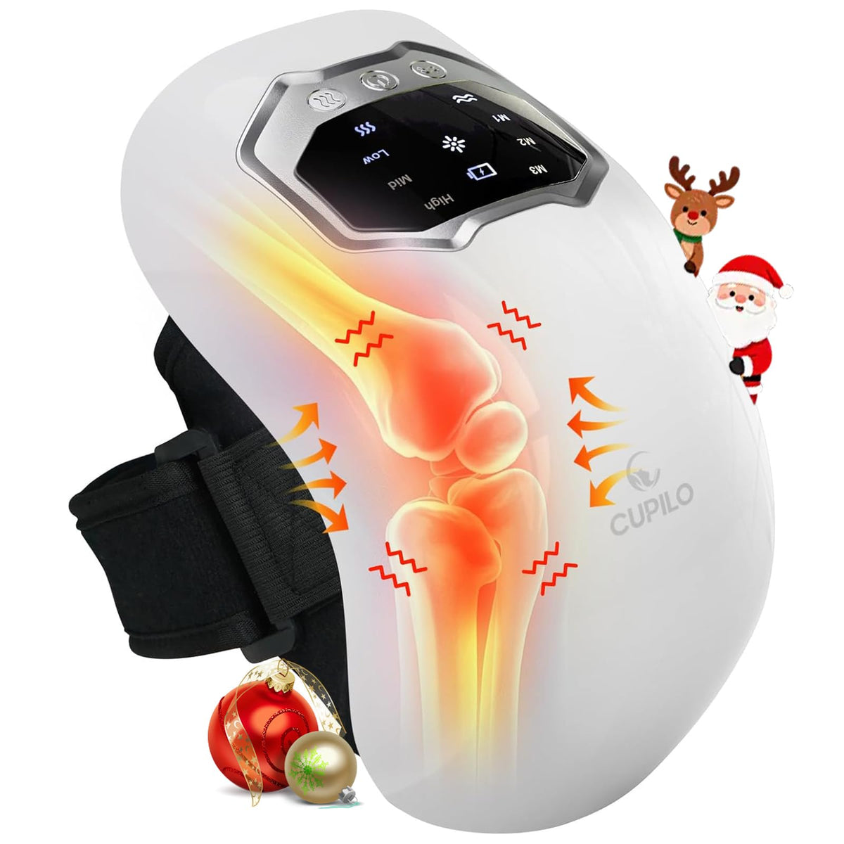 CuPiLo Knee Massager with Heat shows three temperature levels for targeted warmth and comfort.