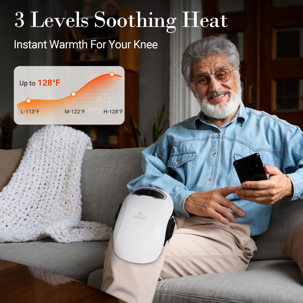 CuPiLo Knee Massager with Heat demonstrates three vibration modes for tailored knee relief.