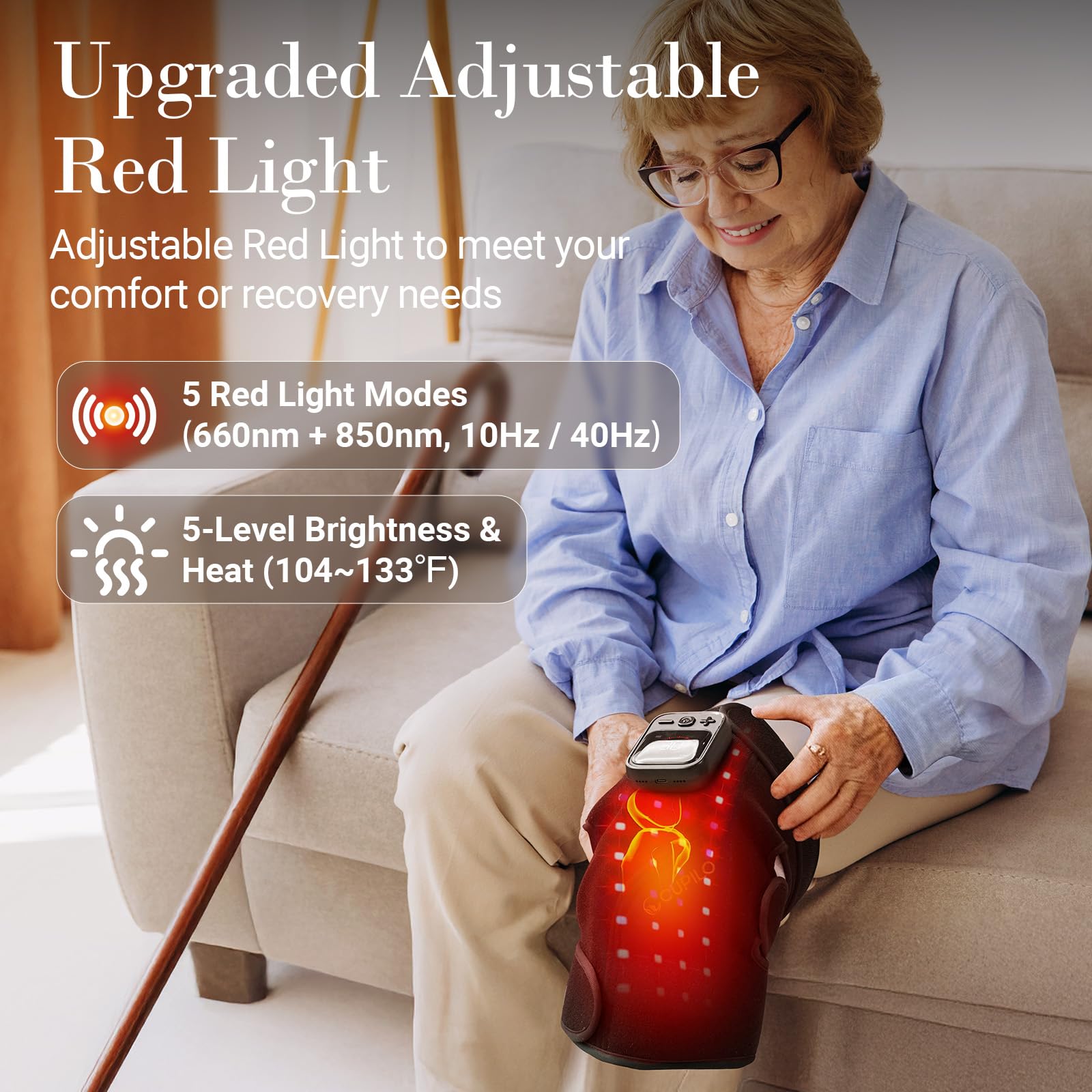 CuPiLo knee wrap emitting 660nm and 850nm light for gentle warmth