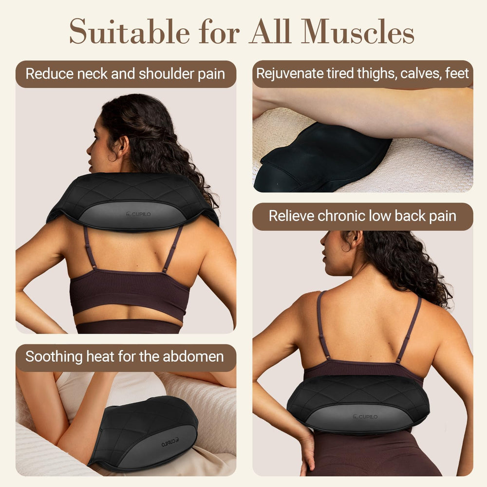 CuPiLo portable massage pillow designed for neck, shoulders, and full-body use on the move.