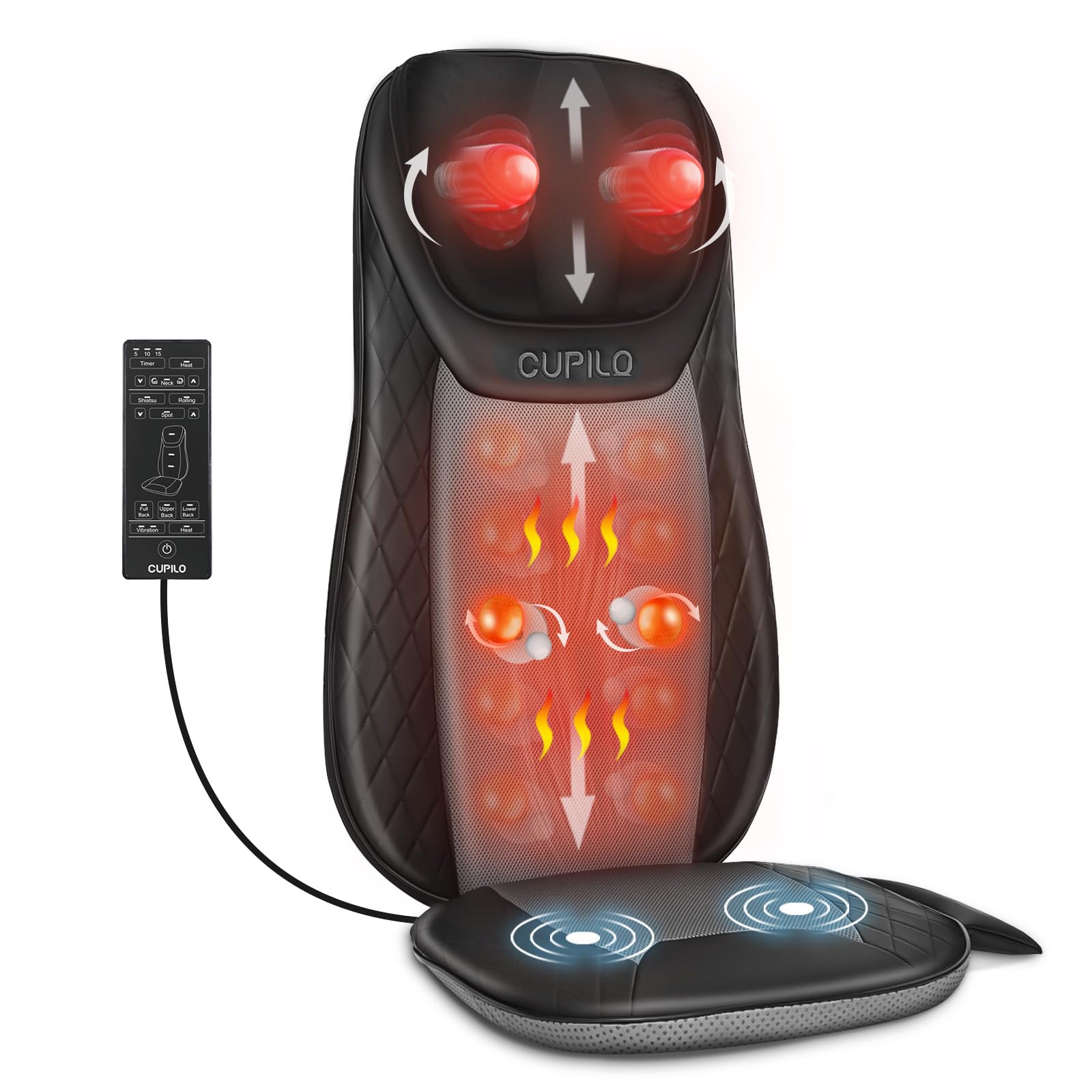 CuPiLo shiatsu neck back massager with inflatable flap for tailored back support.