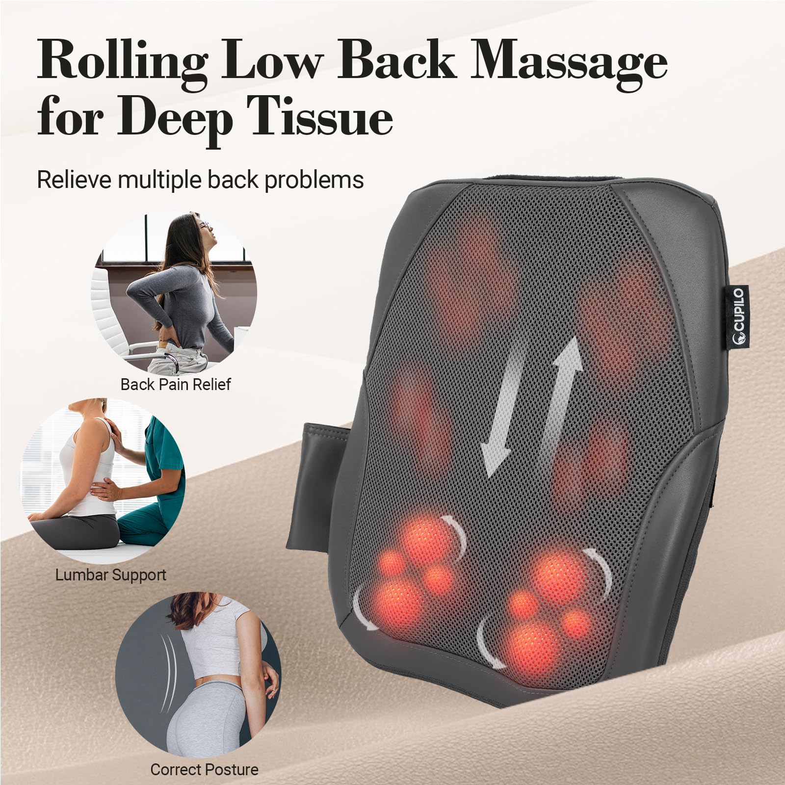 Rolling mechanism of CuPiLo Shiatsu Back Massager traveling up and down the back.