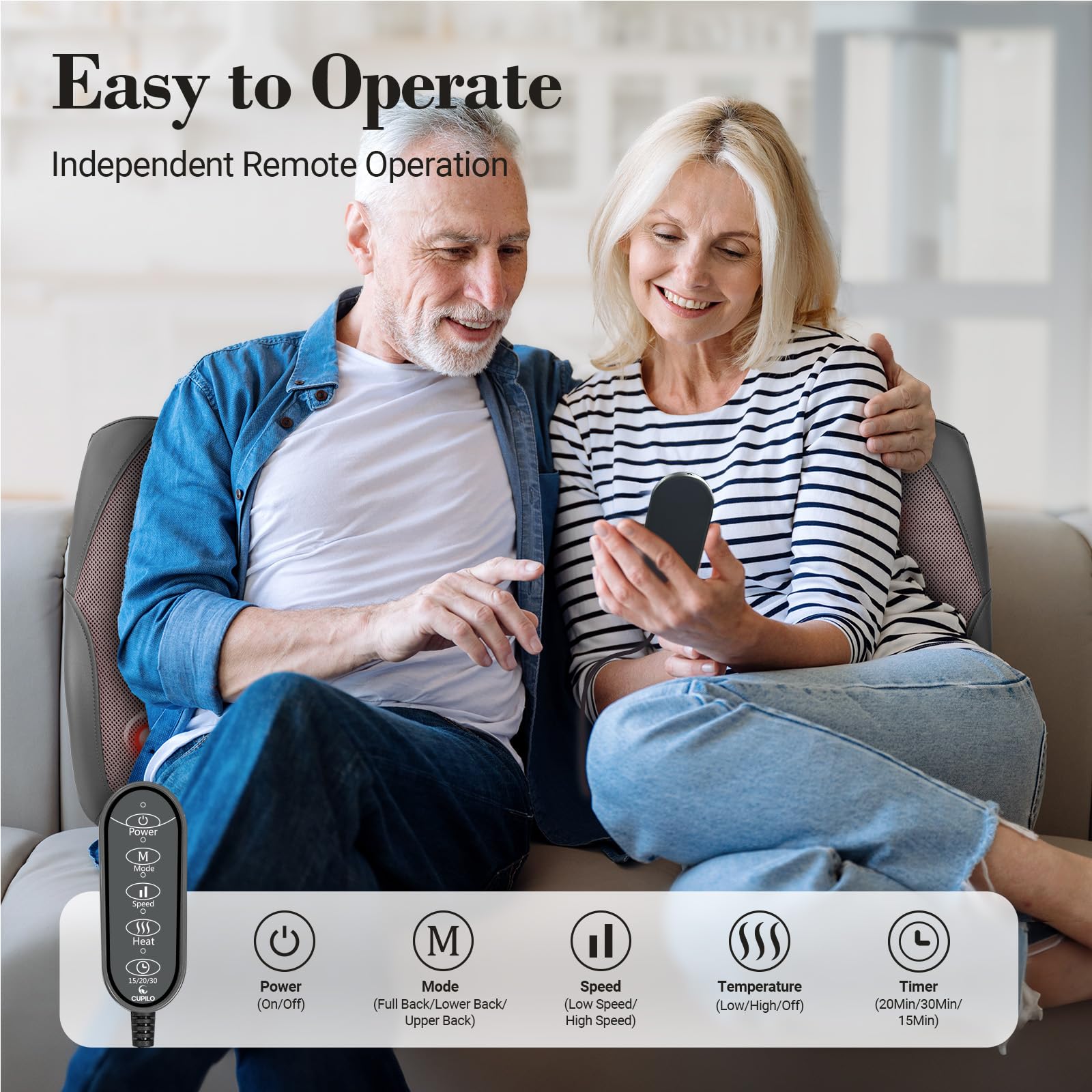 CuPiLo back massager targets upper, middle, or lower zones for focused relief.