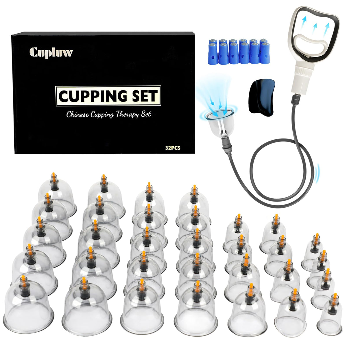 Cupluw cupping kit with 32 cups and magnets for versatile muscle relief