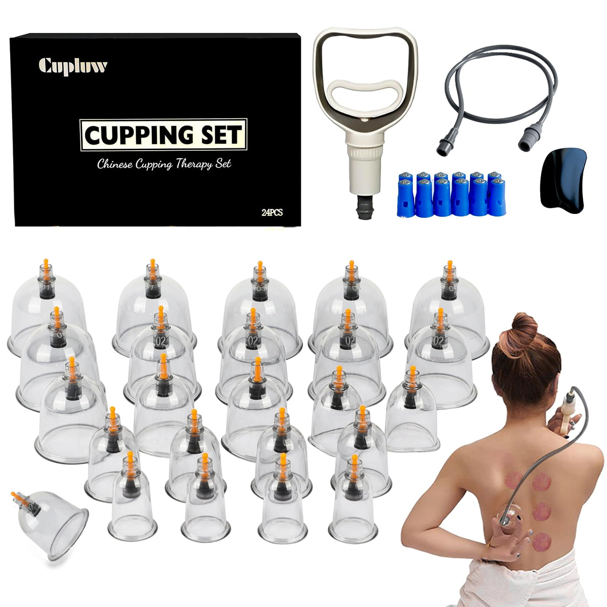 Cupluw cupping set includes 24 cups for versatile home therapy sessions.