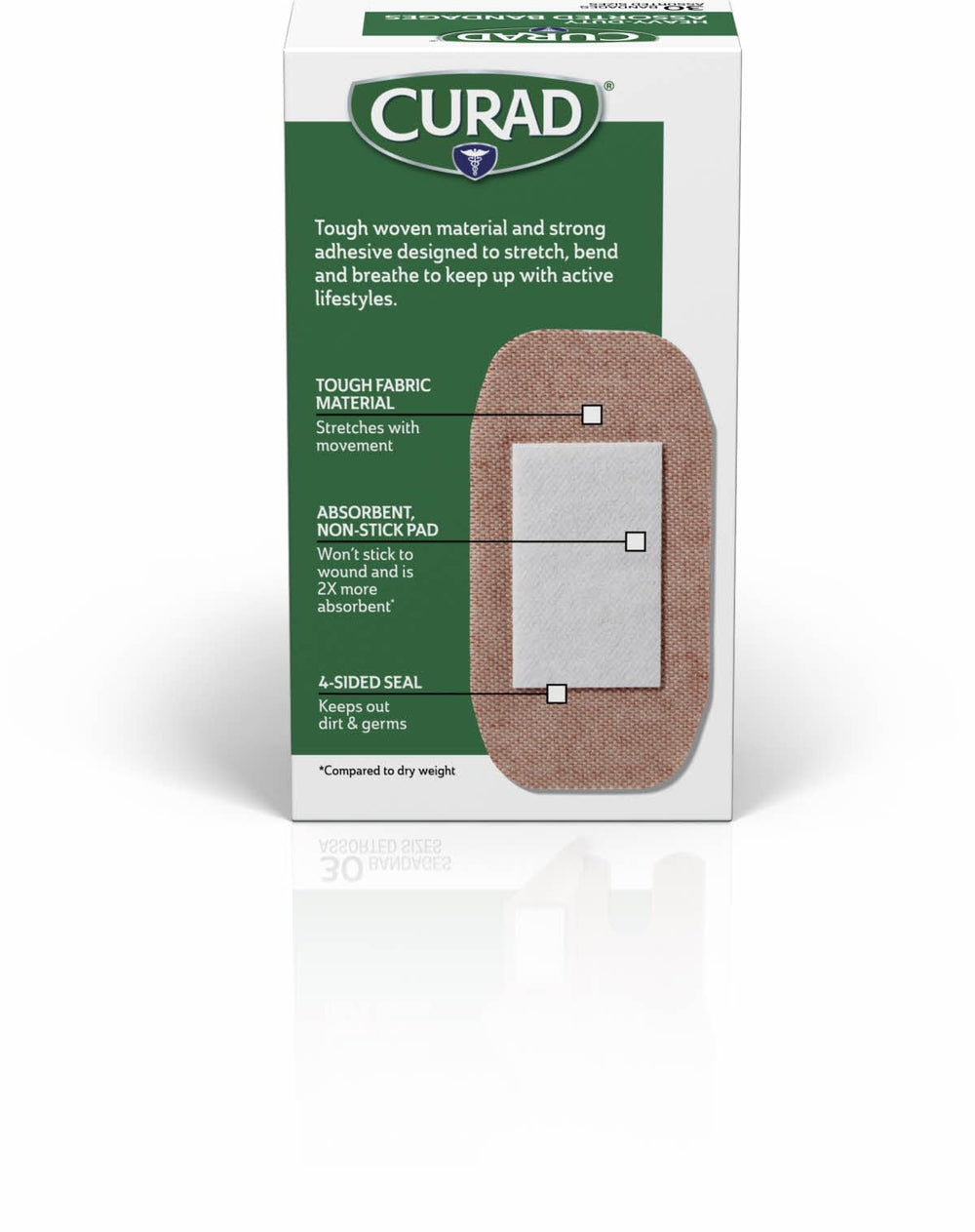 Curad vendajes con núcleo absorbente mantienen la herida limpia y seca.