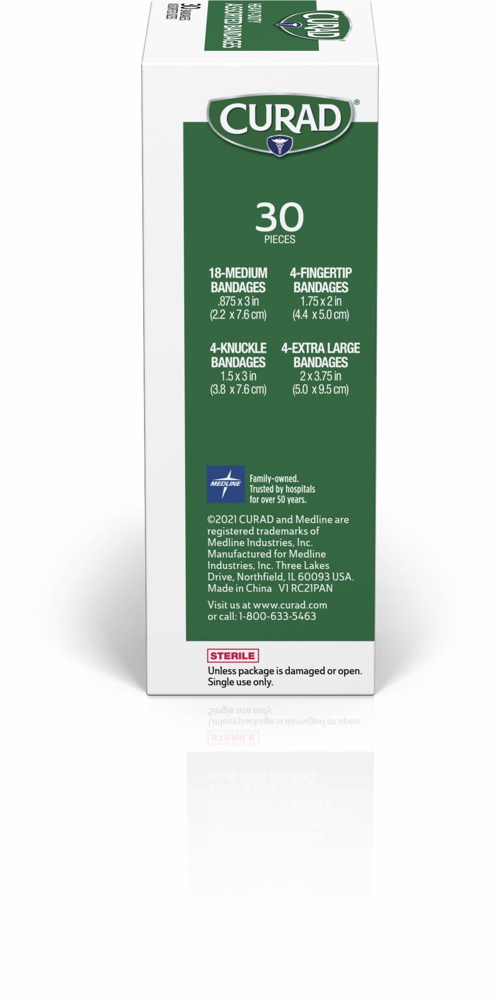 Curad vendajes en varios tamaños para cubrir distintos cortes y raspaduras.