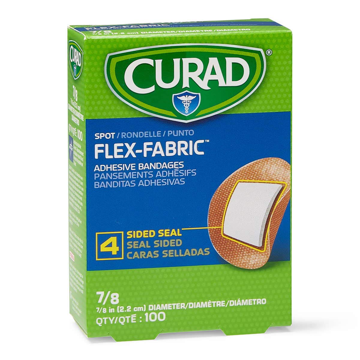 Curad Flex de tela adhesiva, diámetro 7/8, protección suave para heridas pequeñas.
