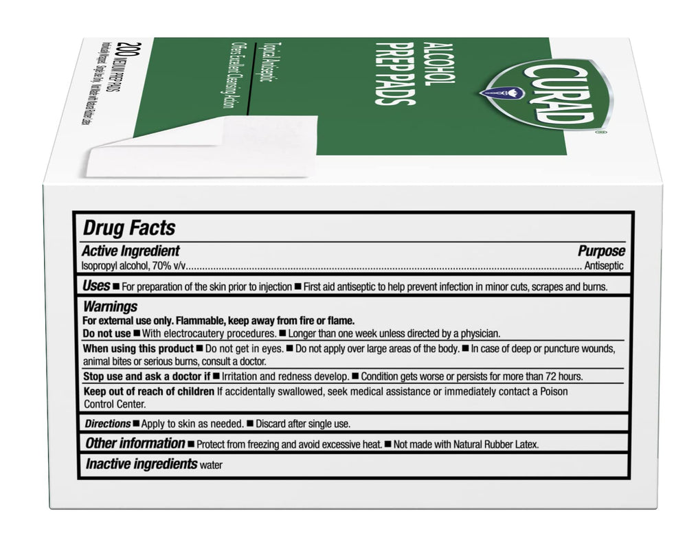 Curad pad packaging highlights sterile, ready-to-use antiseptic prep.