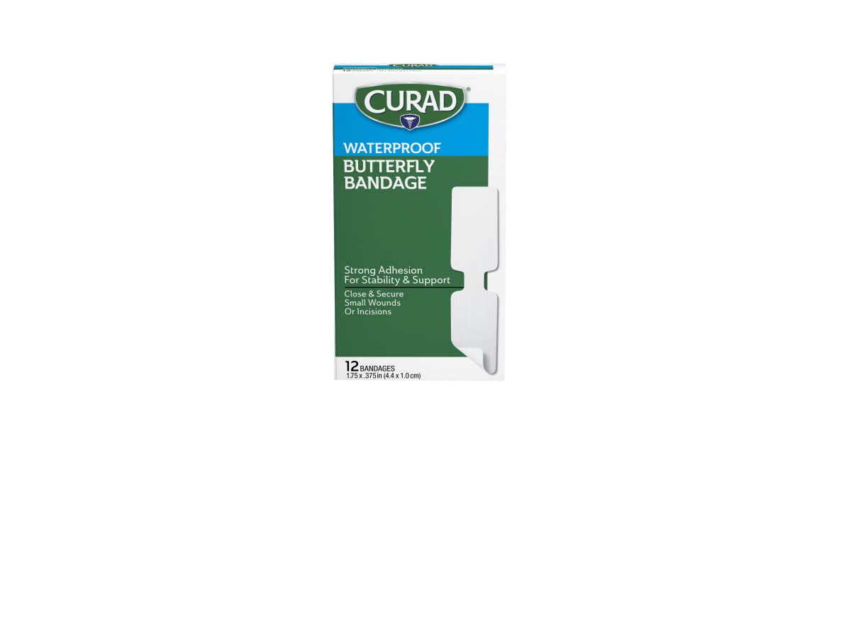 CURAD Butterfly Closure Waterproof Bandages in a box for easy storage and use.