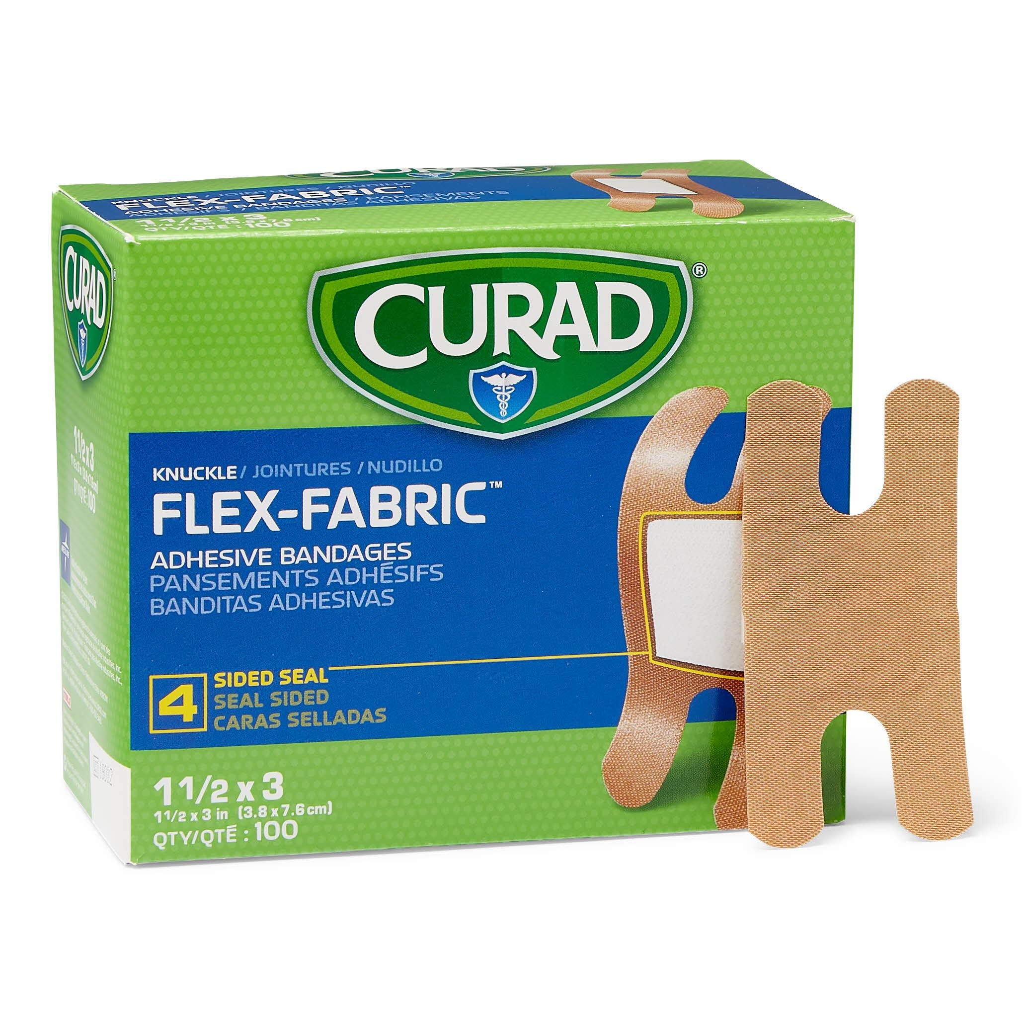 Curad flex-Fabric bandage close-up shows breathable weave and comfort