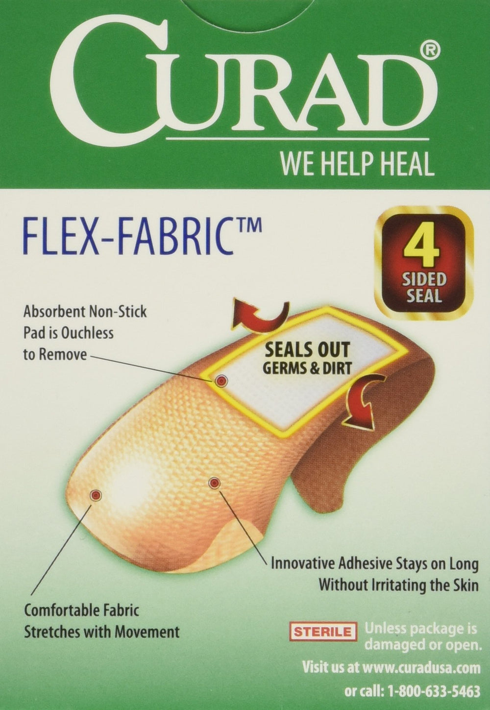 Curad Flex-Fabric bandages packaging 4x30 highlights convenient, ready-to-use first-aid supplies.