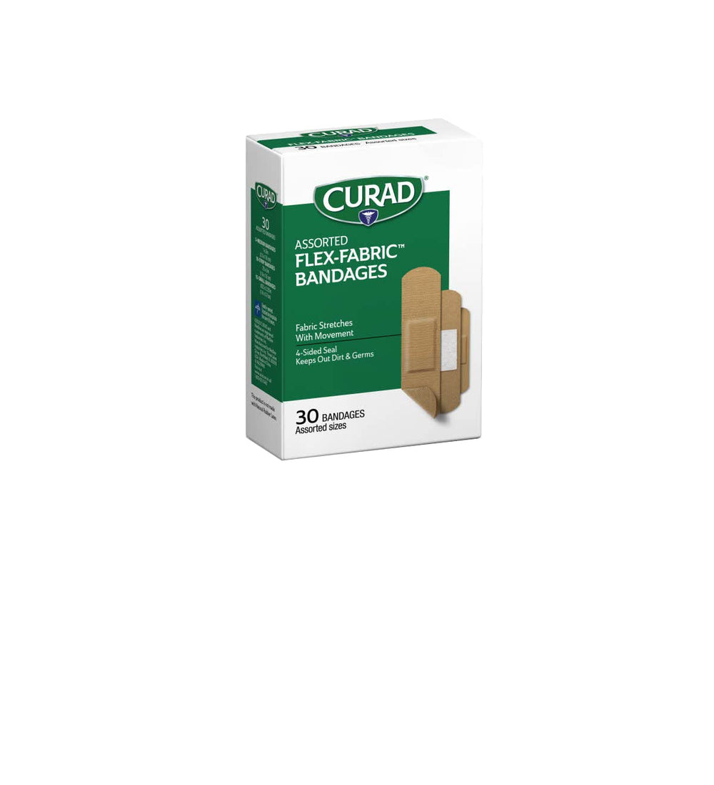 Curad Flex-Fabric bandages stretch and bend with skin for comfortable wear during activity.