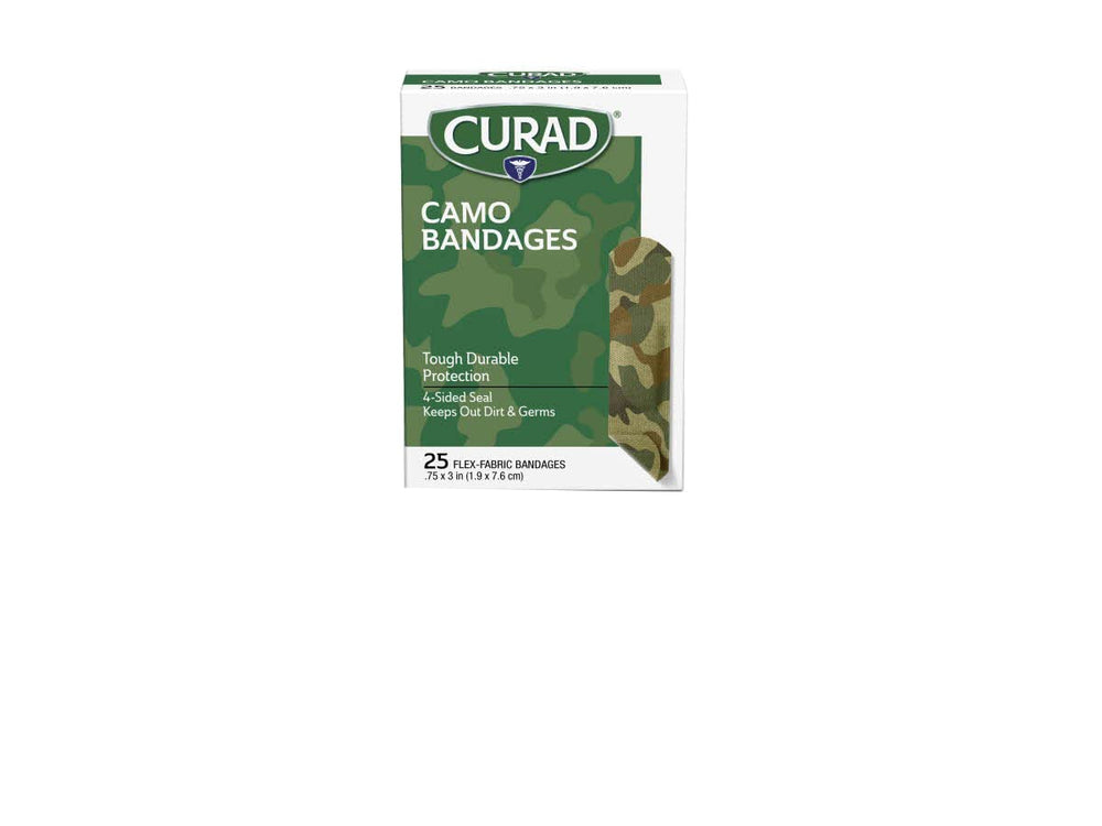 Curad Green Camo Flex-Fabric Bandages on the box front for quick everyday protection.