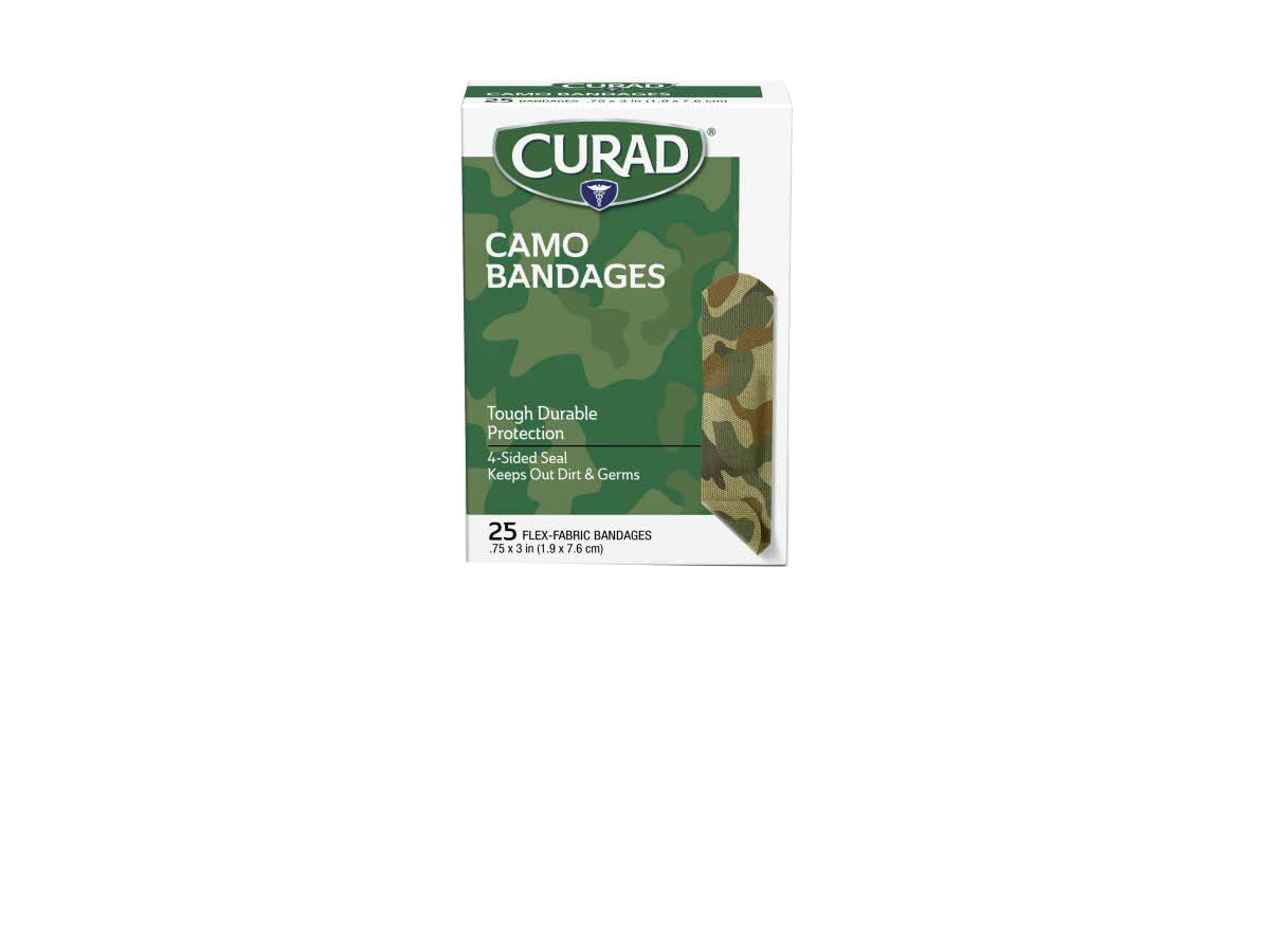 Curad Green Camo Flex-Fabric Bandages on the box front for quick everyday protection.
