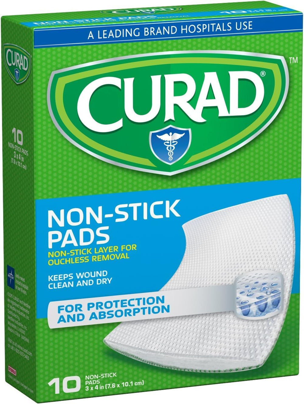 Curad medium non-stick pad with absorbent core handles fluids while staying non-stick for light bleeding and scrapes.