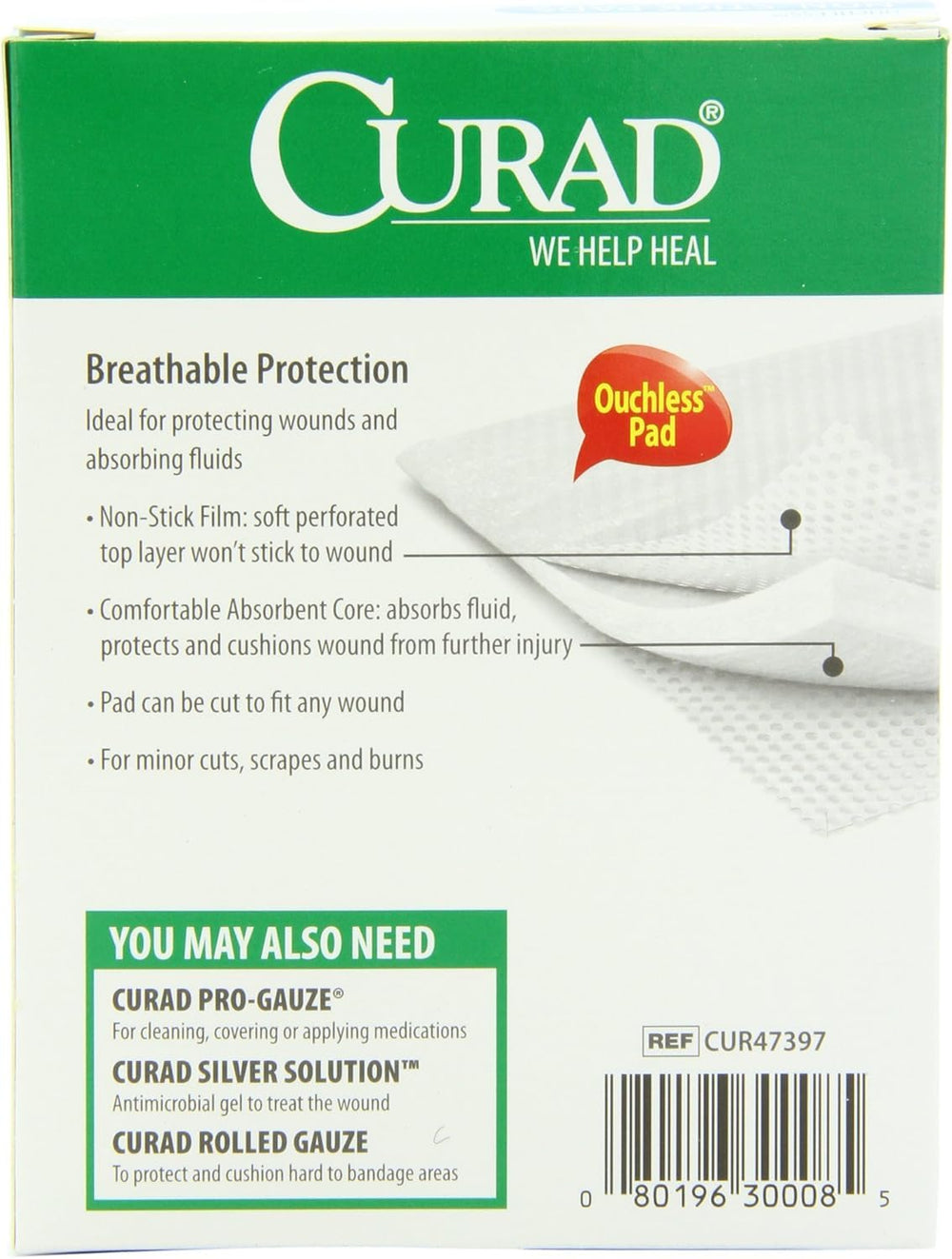 Curad medium non-stick pad showing adhesive tabs for easy, tape-free application.