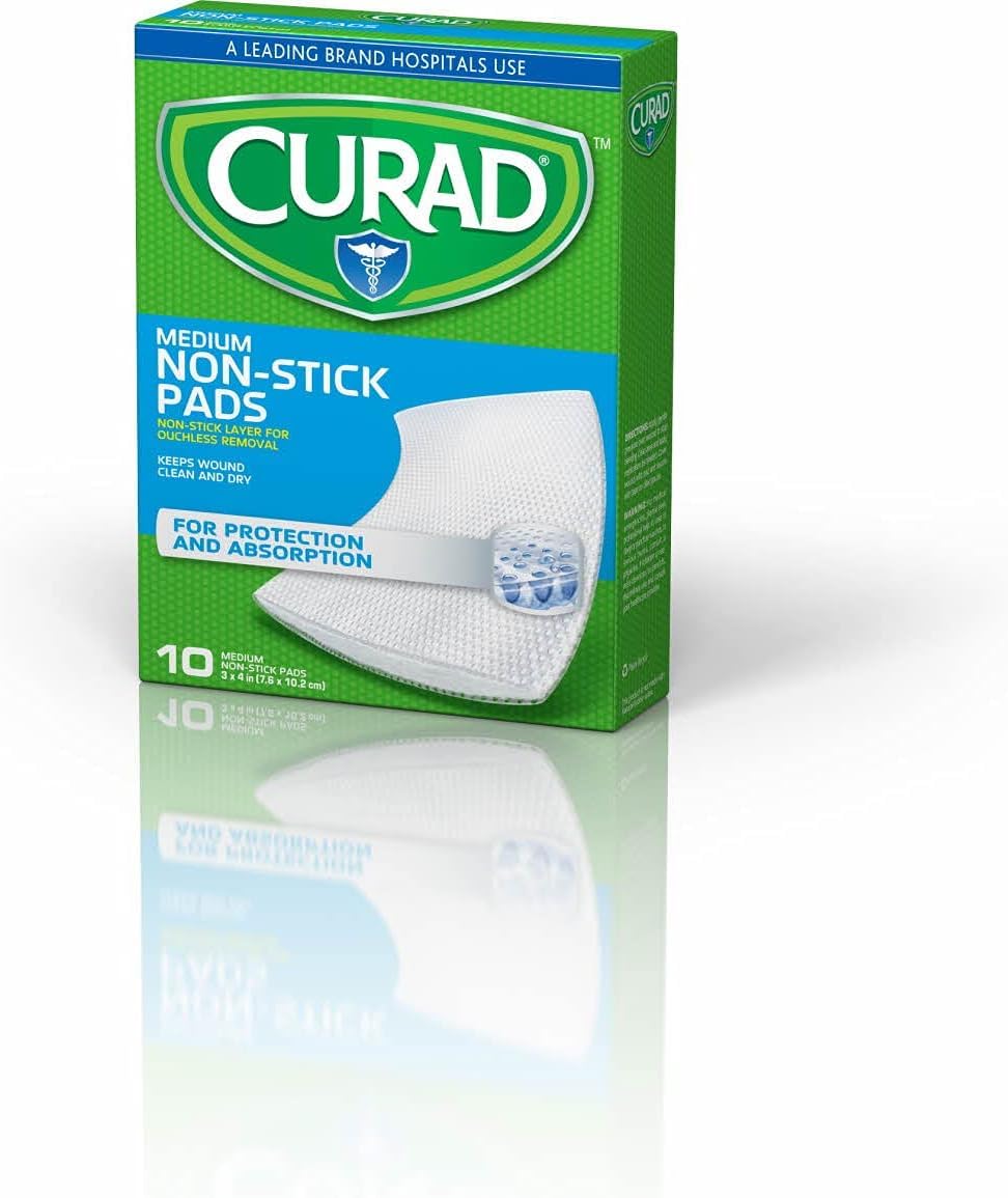 Curad medium non-stick pad intended for post-surgical use with breathable film and latex-free material.