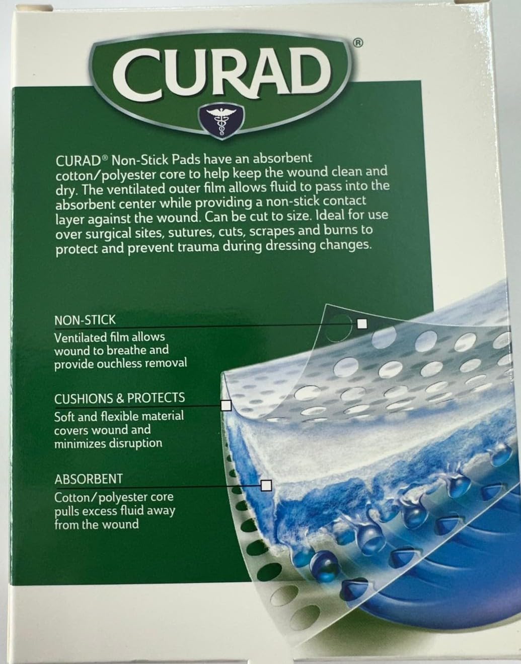 Curad non-stick pad draws fluid while protecting wound from sticking