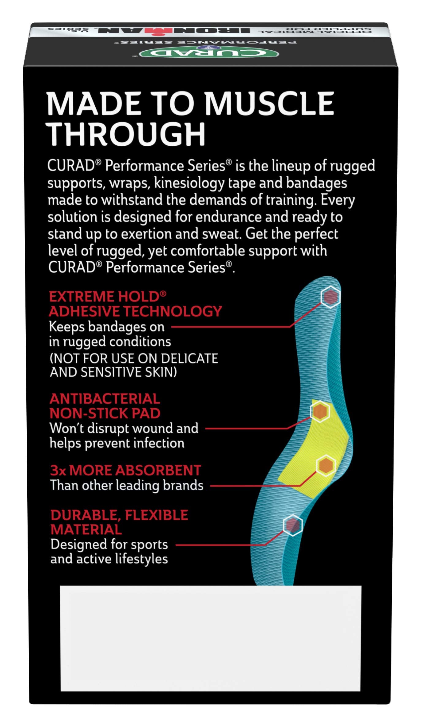 Curad rugged woven fabric bandage bending with movement for durable protection.