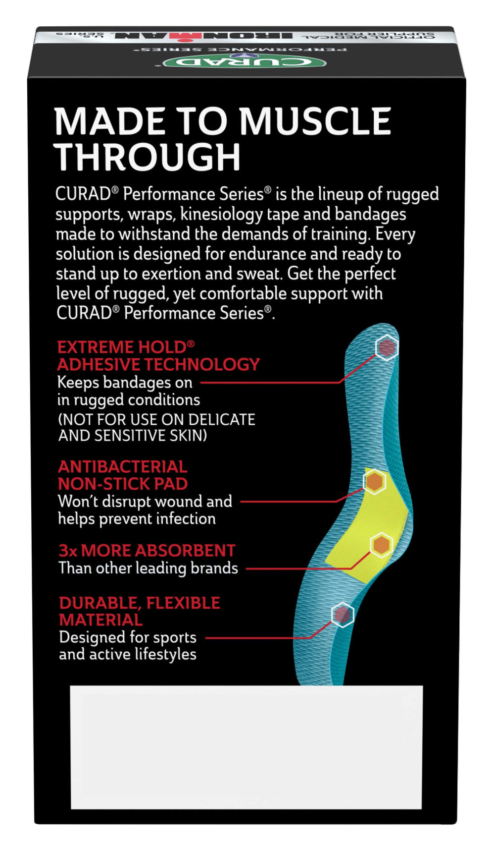 Curad rugged woven fabric bandage bending with movement for durable protection.