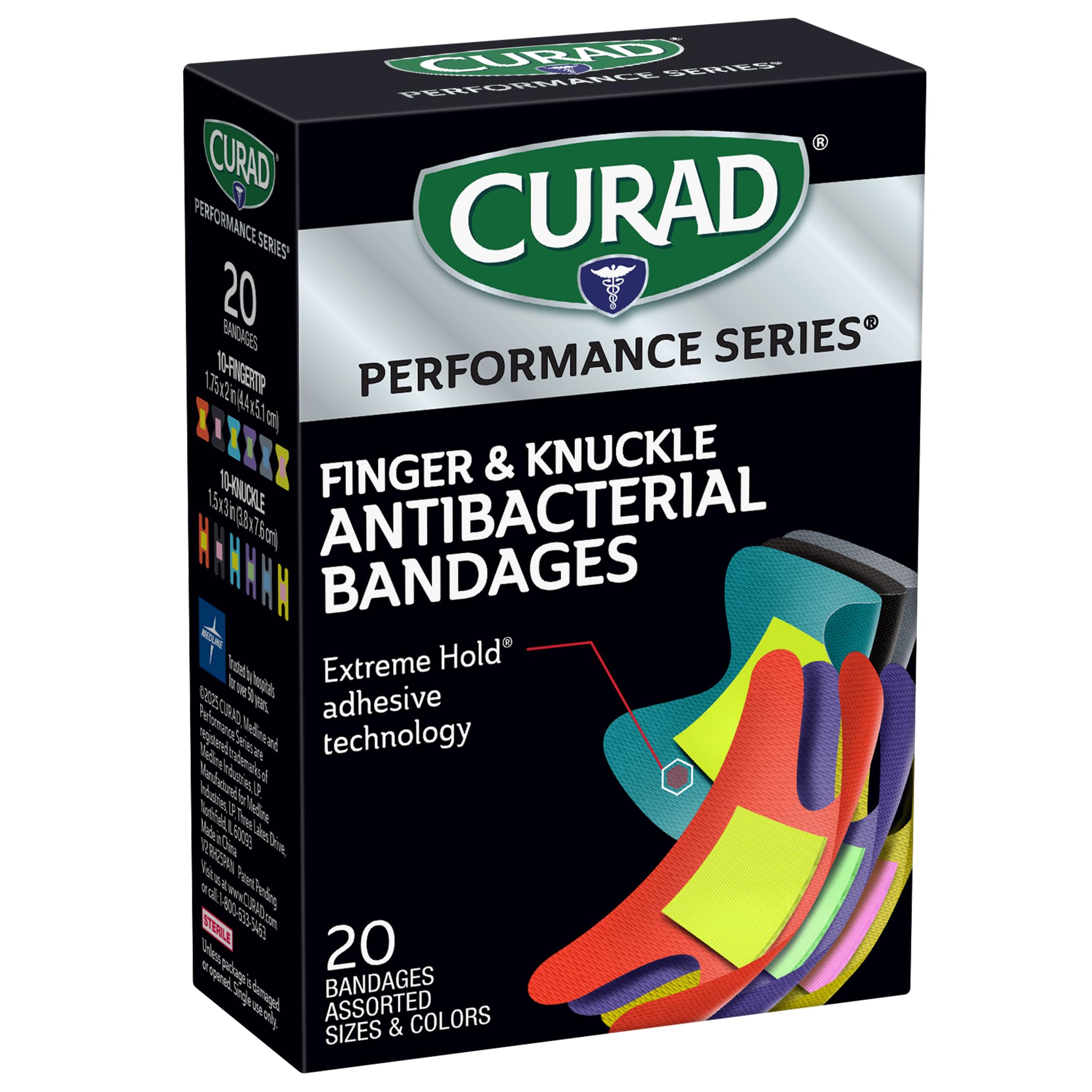 Curad Performance Series bandage showing tough, flexible fabric on a hand