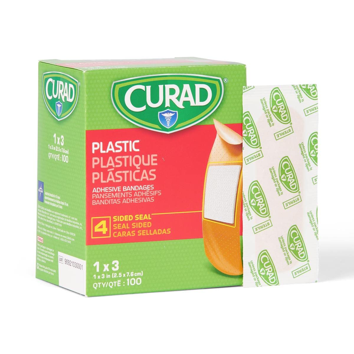CURAD plastic bandages 1x3 packaging showing four-sided seal for dirt protection.