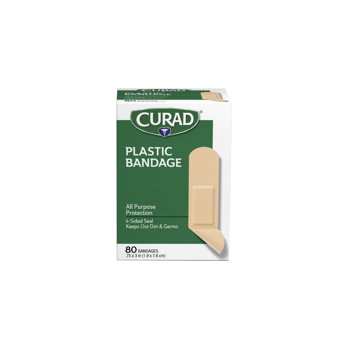 Curad plastic bandages demonstrating 3-inch coverage on skin.
