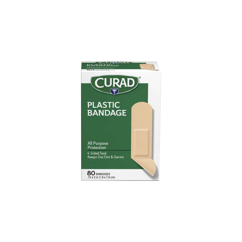 Curad plastic bandages demonstrating 3-inch coverage on skin.