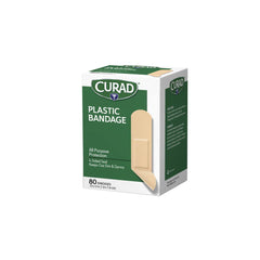 Curad plastic bandages closeup of adhesive area for strong grip.
