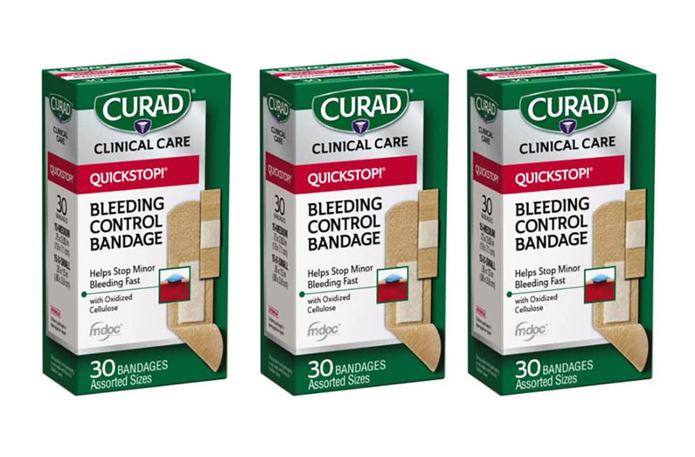 Curad Quickstop bandage with bleeding-control technology for quick minor wounds.