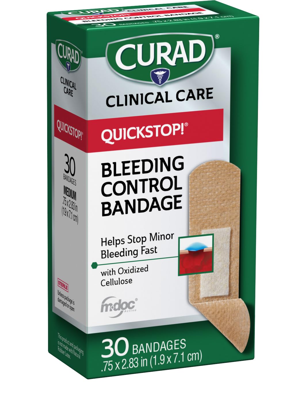 Curad QuickStop! tiritas con agente detenedor natural para heridas leves.