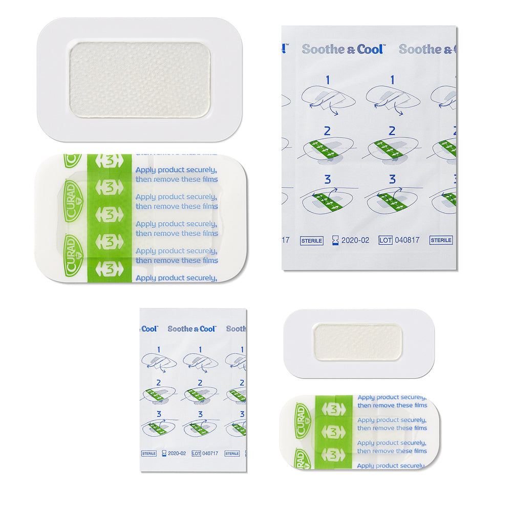 Curad Soothe & Cool hydrogel pad cools on contact to comfort minor burns.