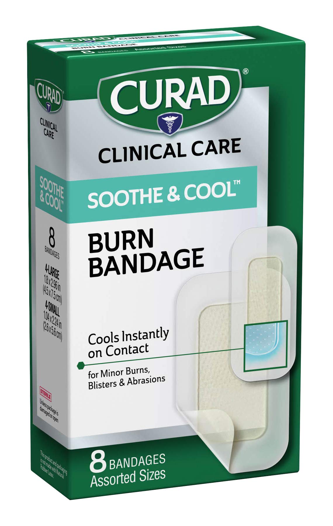 Curad Soothe & Cool burn bandages large wound pad for instant cooling relief.