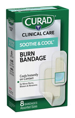 Curad Soothe & Cool burn bandages large wound pad for instant cooling relief.