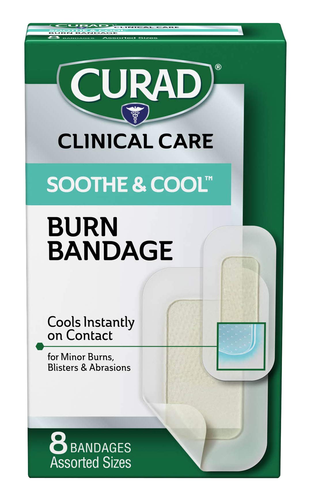 Curad Soothe & Cool burn bandages medium wound pad protect and cool on contact.