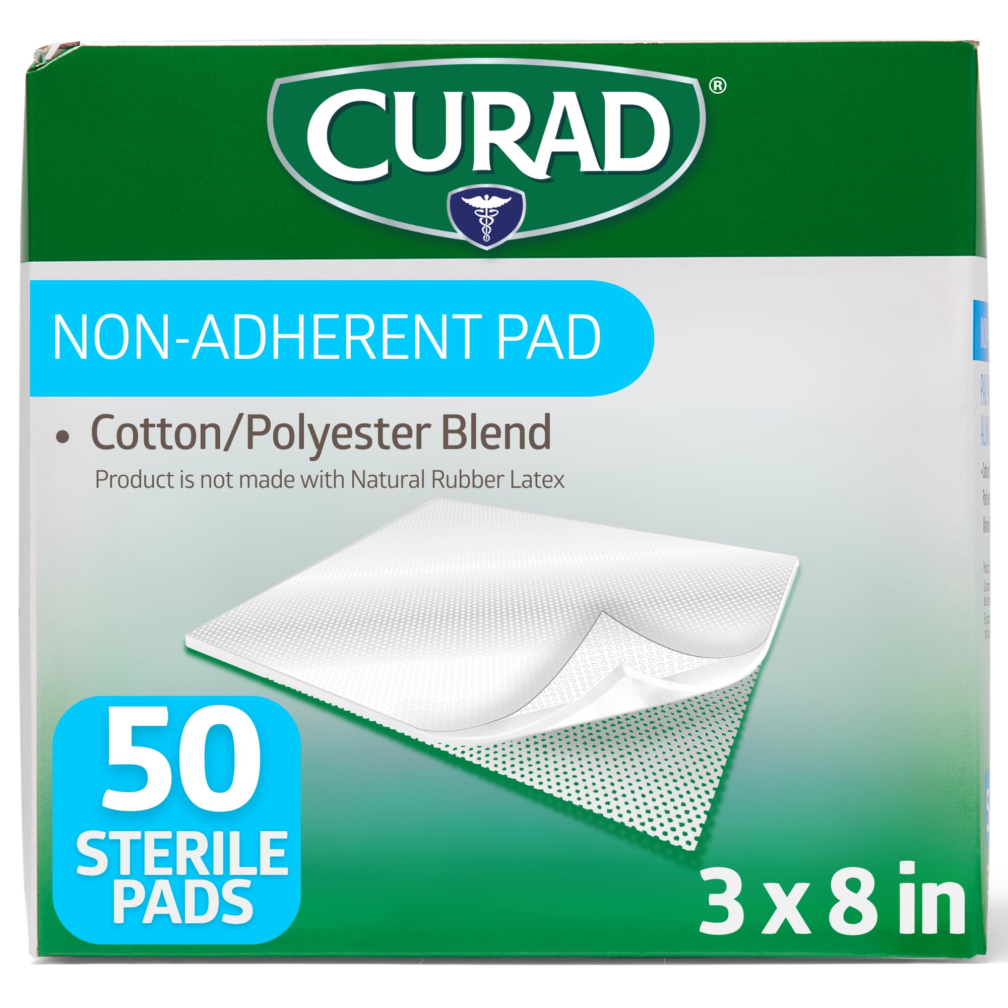 Curad sterile non-adherent pad 3x8 in sealed pack, designed for light drainage wounds.