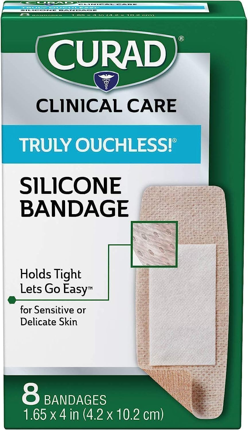 Curad Truly Ouchless XL bandages in pack with gentle silicone adhesive.