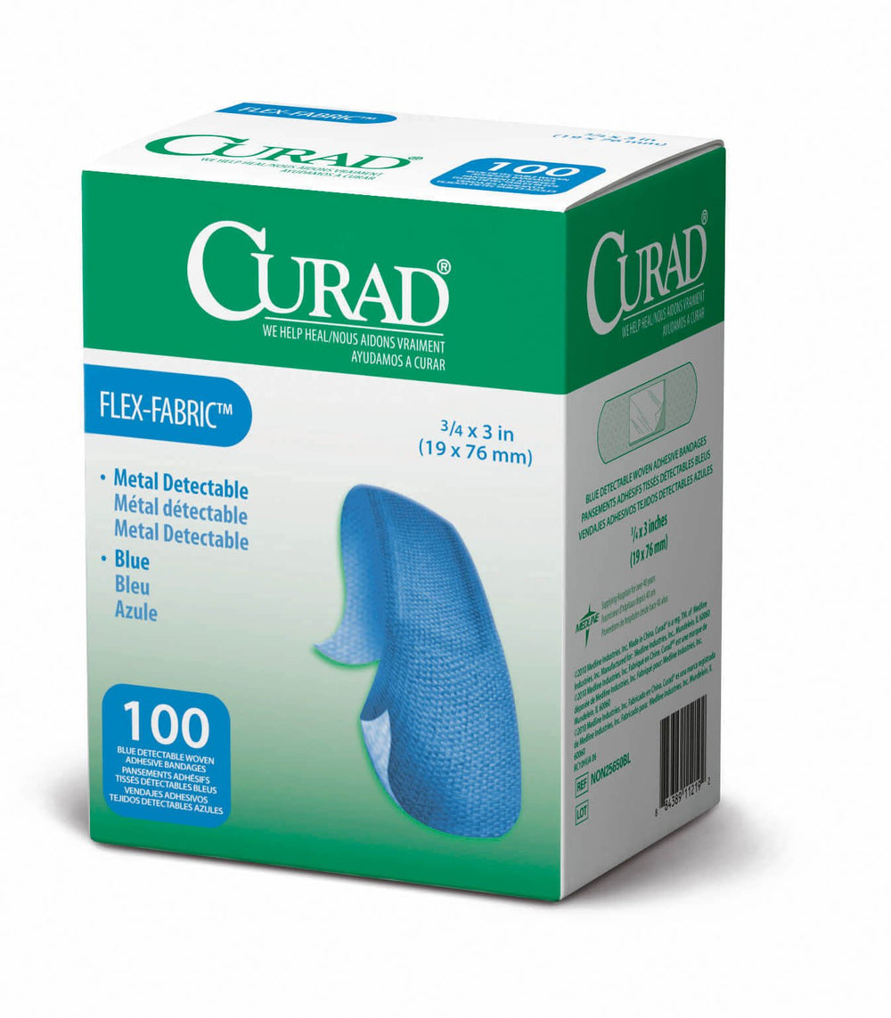 CURAD vendaje azul detectable, visibilidad clara para detección de metales en alimentos.