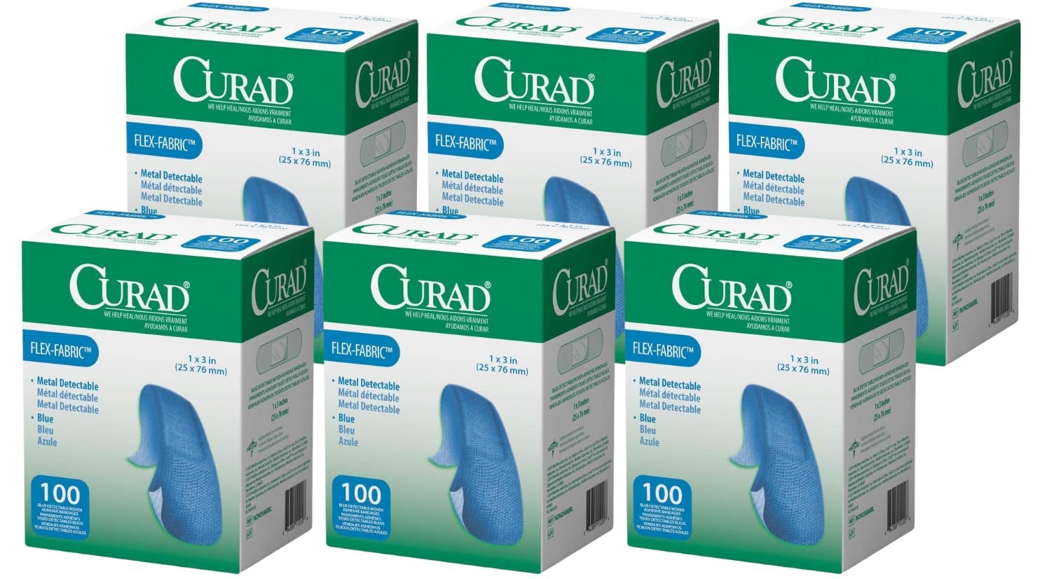 Curad woven blue detectable bandage box demonstrates metal-detectable feature for safety checks
