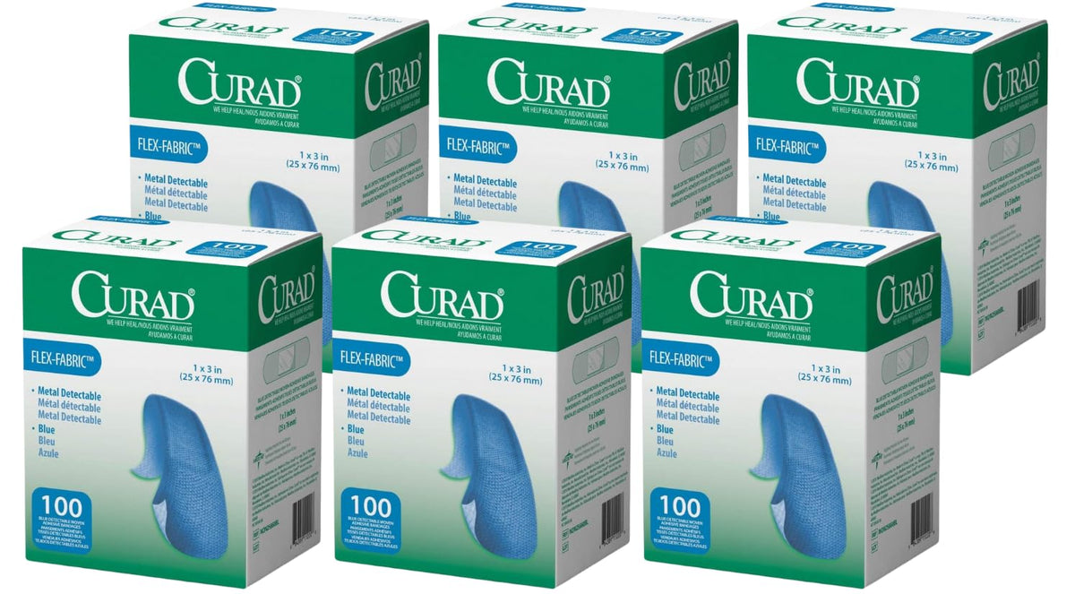 Curad woven blue detectable bandage box demonstrates metal-detectable feature for safety checks