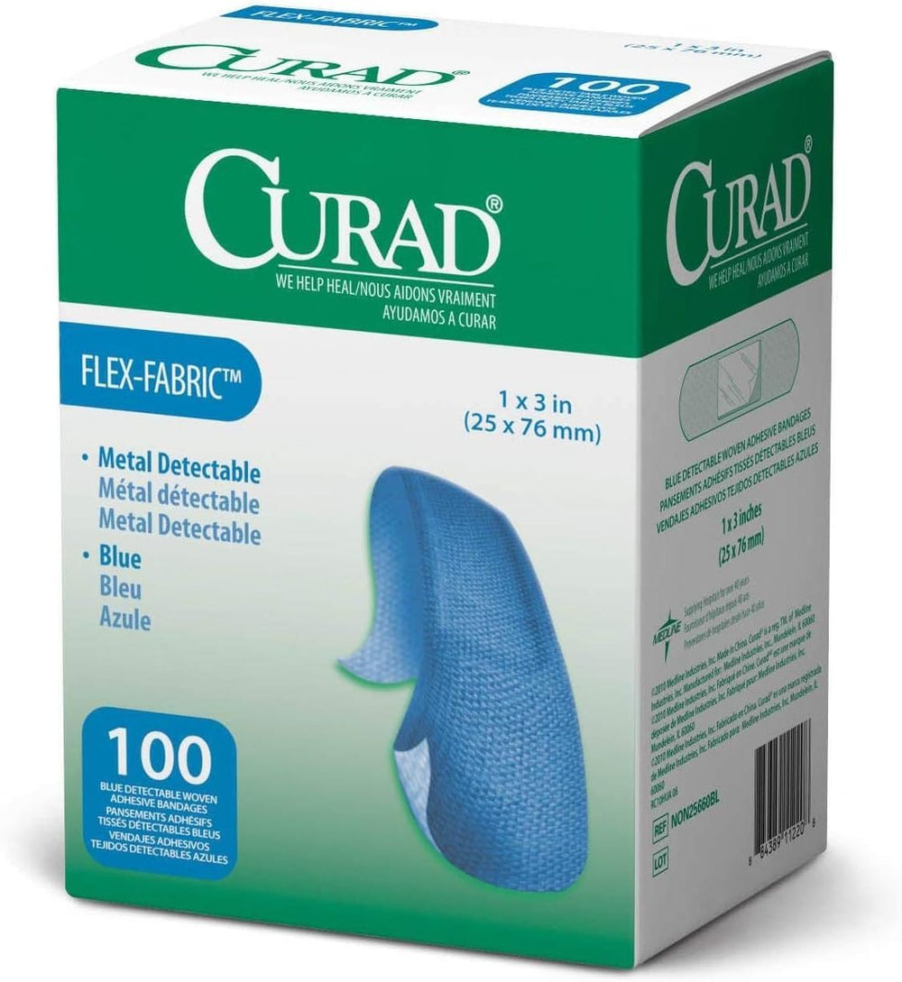 Curad blue detectable bandage close-up shows flexible fabric and four-wall seal