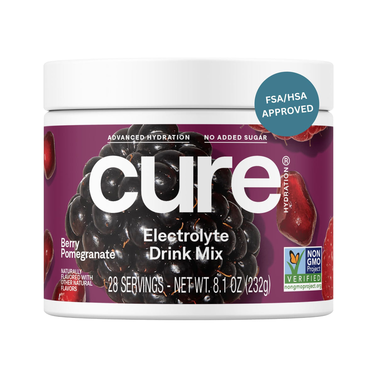 Cure Hydration Berry Pomegranate jar label showcasing no added sugar claim
