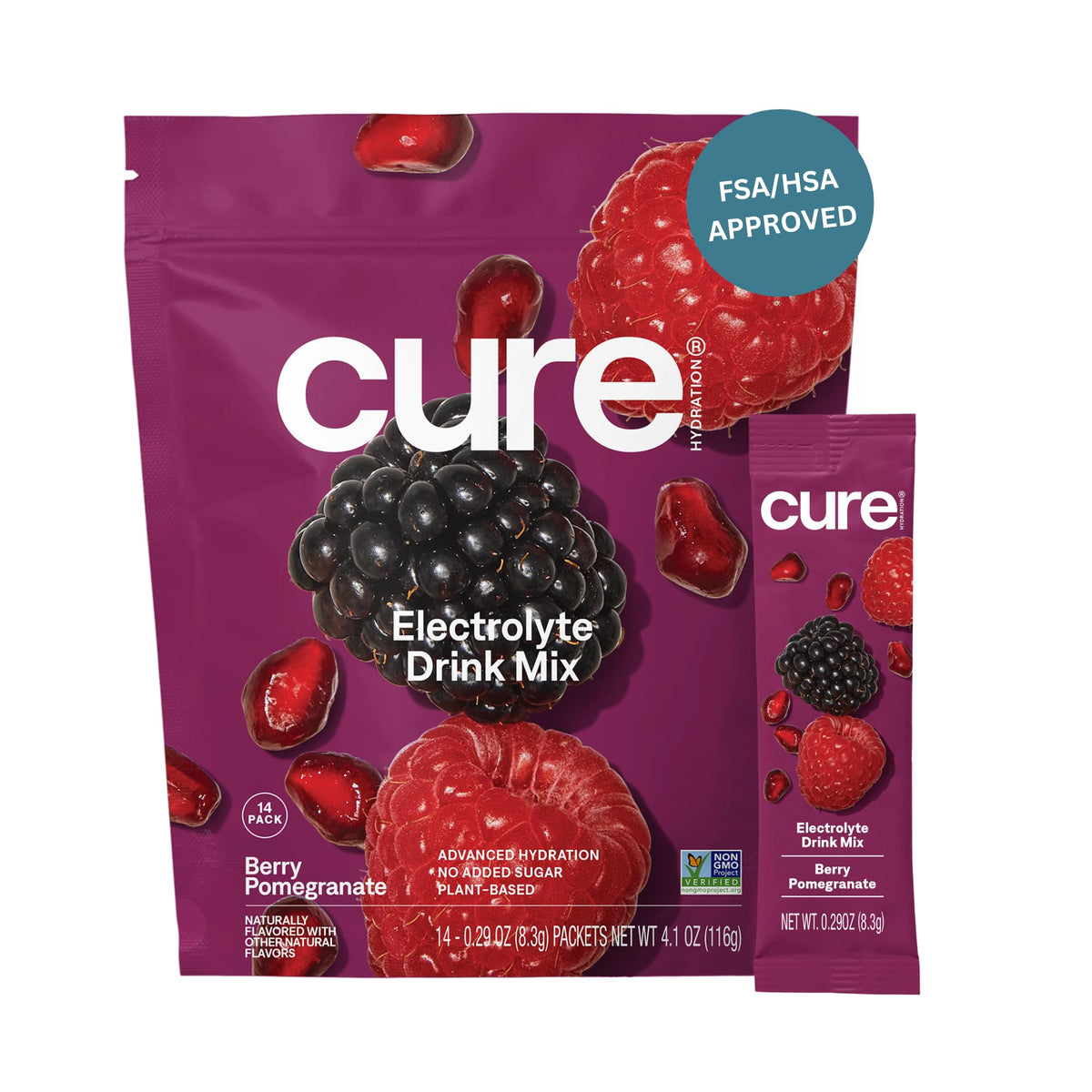 Cure Hydration Berry Pomegranate packet ready to mix for on the go hydration.
