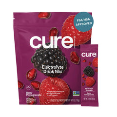 Cure Hydration Berry Pomegranate packet ready to mix for on the go hydration.